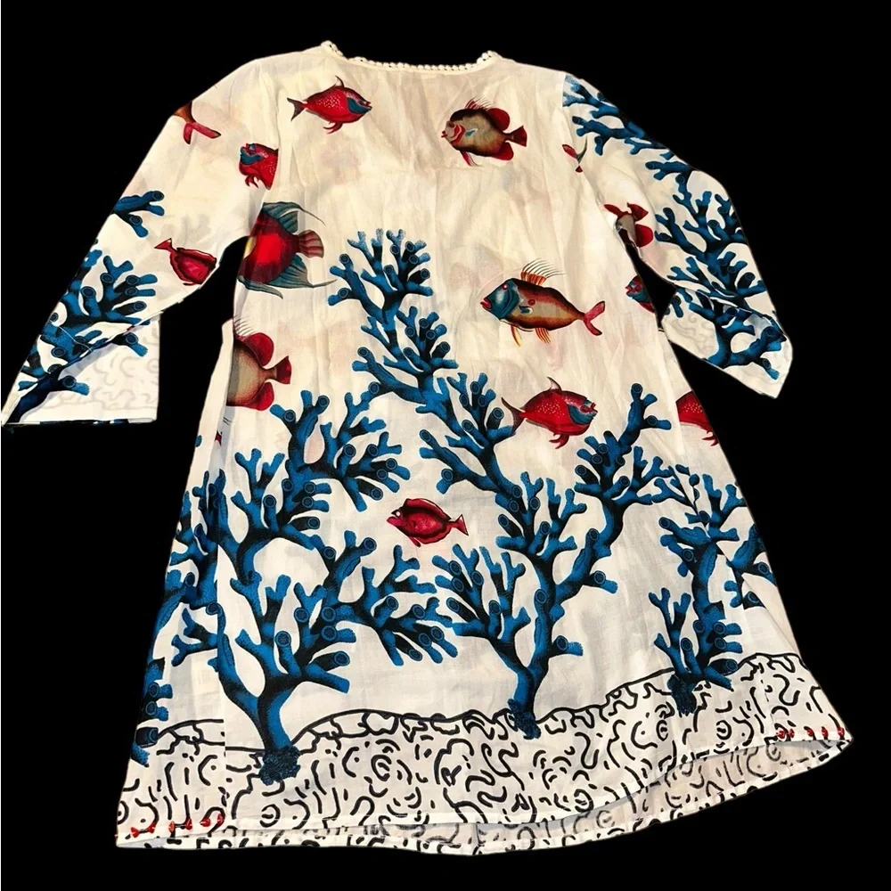 Soft Surroundings Beaded Tunic Cover-Up | Fish & Coral Print | Size S | 100% - Picture 6 of 9
